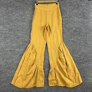 Lanhtropy Pants XS Gypsy Linen Flare Ruffle High Waist Yellow Boho Hippie Party